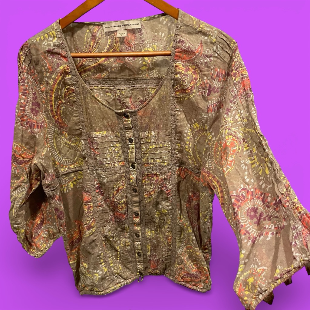 Cute Boho Western Lace Mesh Paisley Lightweight Button Front Blouse Festival Y2k